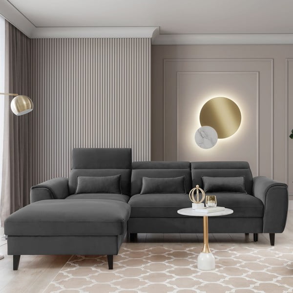 Tumši pelēks samta salokāms/ar uzglabāšanas vietu stūra dīvāns (ar kreiso stūri/ar zvilni) Foble – ELTAP-image-1