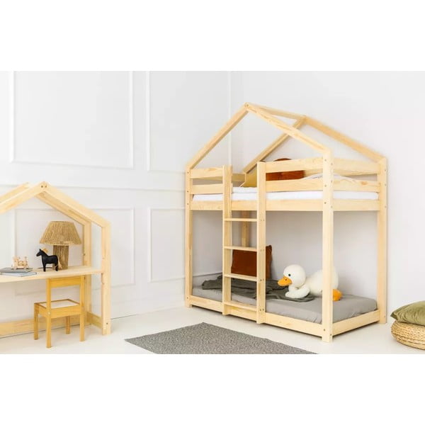 Dabīga toņa bērnu gulta mājas formā/divstāvu ar redelēm 80x160 cm DMPN – Adeko-image-1