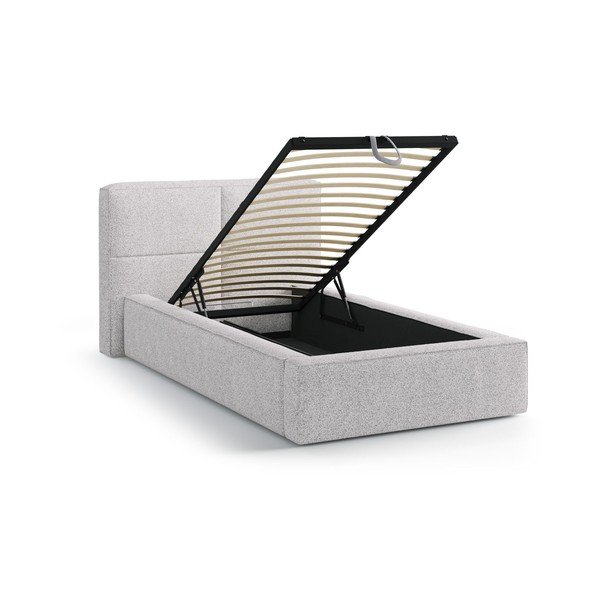 Gaiši pelēka polsterēta vienvietīga gulta ar veļas kasti un redelēm 90x200 cm Darren – Micadoni -image-1