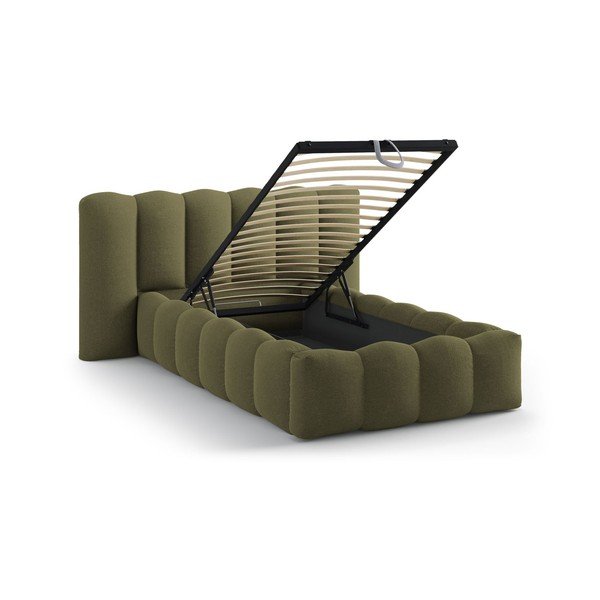Haki polsterēta vienvietīga gulta ar veļas kasti un redelēm 90x200 cm Lupine – Micadoni -image-1