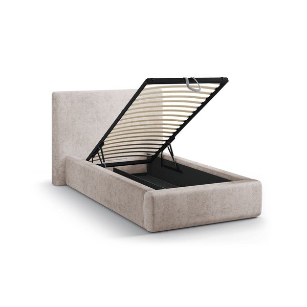 Bēša polsterēta vienvietīga gulta ar veļas kasti un redelēm 90x200 cm Amy – Micadoni -image-1