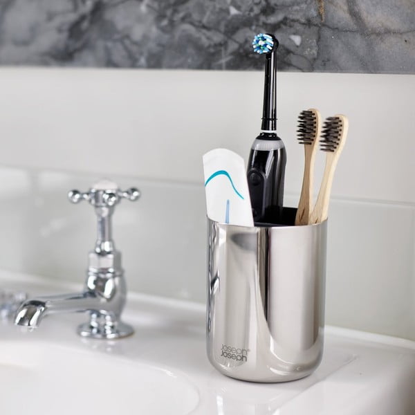 Spīdīgas sudraba krāsas nerūsējošā tērauda trauks zobu birstei EasyStore Luxe – Joseph Joseph-image-1