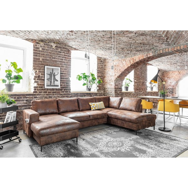 Brūns izlaižams U-veida dīvāns no ādas imitācijas Miuform Lofty Lilly Vintage, labais stūris-image-3