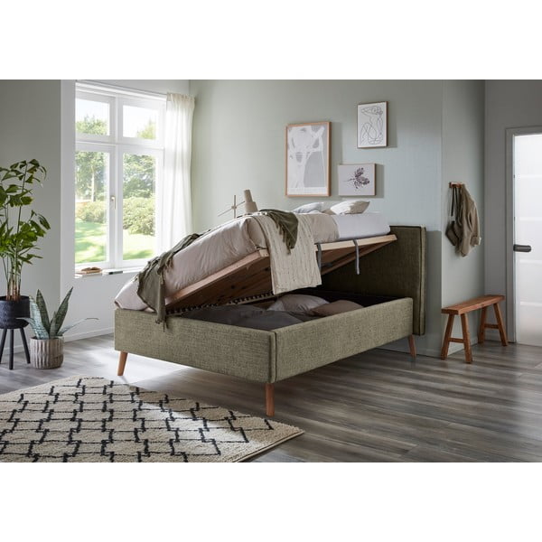 Tumši zaļa polsterēta divvietīga gulta ar veļas kasti ar redelēm 140x200 cm Riva – Meise Möbel-image-3