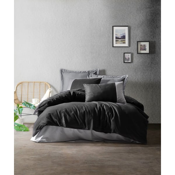 Melnā un pelēkā kokvilnas gultasveļa ar palagu Cotton Box Plain, 200 x 220 cm