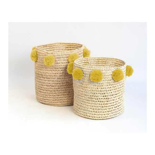 2 palmu šķiedras uzglabāšanas grozi ar dzelteniem rotājumiem Madre Selva Milo Basket komplekts