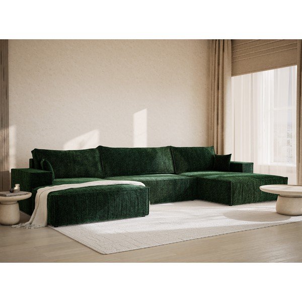 Tumši zaļš salokāms (U veida) stūra dīvāns no šenila auduma ar uzglabāšanas vietu Kyoto – Maison de Rêve-image-1