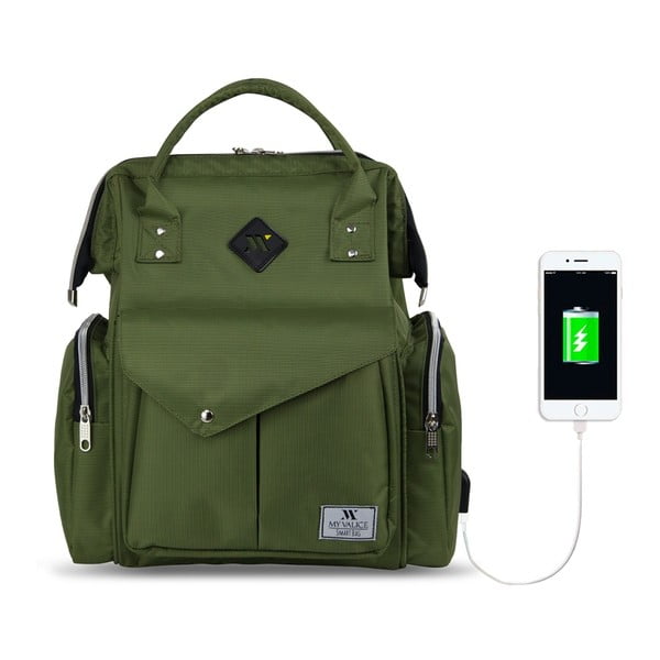 Zaļa mugursoma māmiņām ar USB portu My Valice HAPPY MOM Care Backpack-image-1