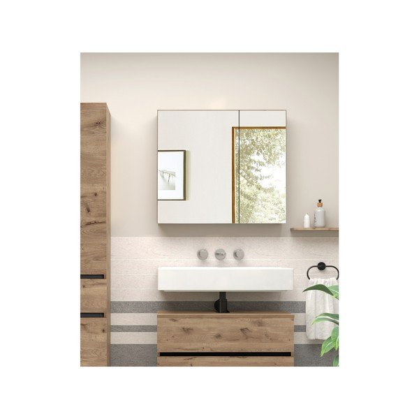 Dabīga toņa piekarams vannas istabas skapis ar spoguli un ozolkoka imitāciju 80x70 cm Wisla – Støraa-image-3