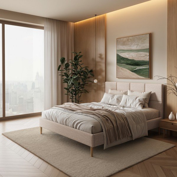 Krēmkrāsas polsterēta divvietīga gulta ar redelēm 140x200 cm Alano – MESONICA-image-1