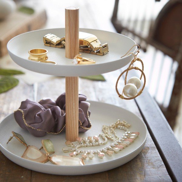 Balts statīvs ar 2 glabāšanas traukiem un dižskābarža koka detaļām YAMAZAKI Tosca-image-1