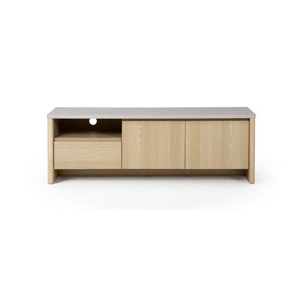 Balts/gaiša dabīga toņa TV galdiņš ar ozolkoka imitāciju 153x50x45 cm Dore – Marckeric