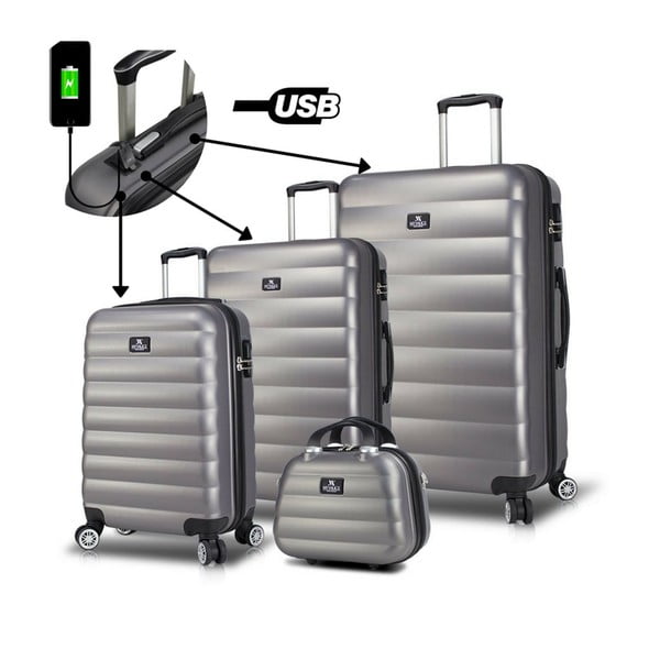 3 pelēki čemodāni ar USB portu un rokas somu My Valice RESSO Travel Set