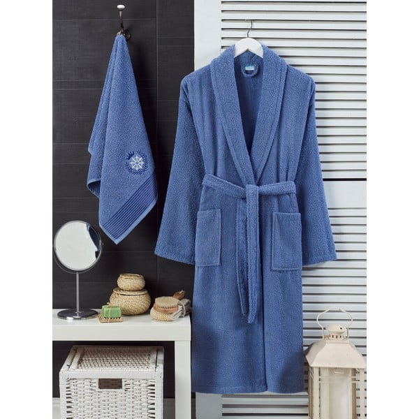 Zils kokvilnas halāta un dvieļa komplekts S/M – Mila Home