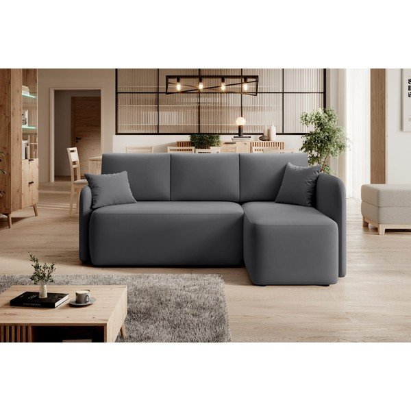 Pelēkbrūns samta salokāms/ar uzglabāšanas vietu stūra dīvāns (ar labo stūri/ar zvilni) Hadson – ELTAP-image-1