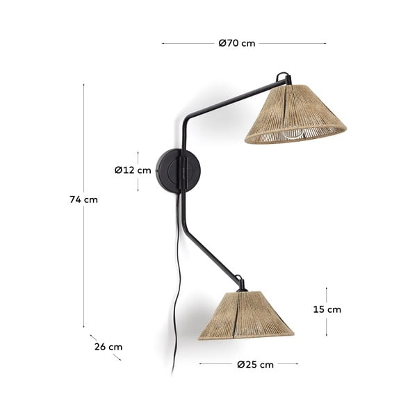 Melna/dabīga toņa sienas lampa Pontos – Kave Home-image-4