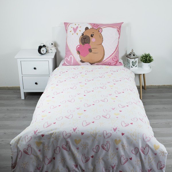 Rozā vienguļamā kokvilnas bērnu gultas veļa 140x200 cm Kapybara Heart – Jerry Fabrics-image-2