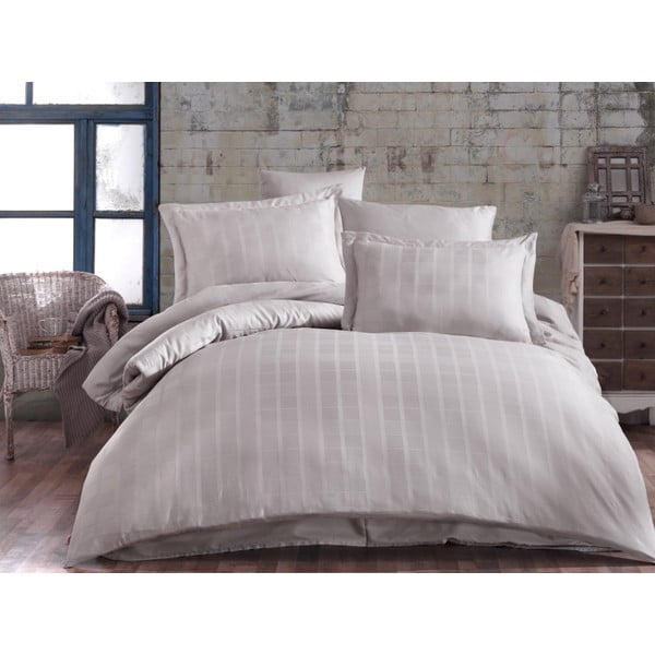 Krēmkrāsas pagarinātā gultas veļa divguļamai gultai no kokvilnas ar palagu un segas pārvalku 240x260 cm Ekose – Mijolnir