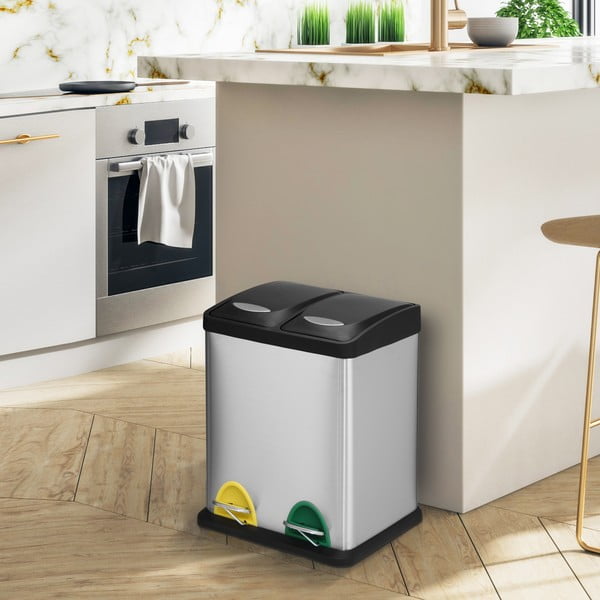 Matētas sudraba krāsas atkritumu šķirošanas tērauda atkritumu tvertne ar pedāli 2x8 l   Tri Selectif – MSV-image-1