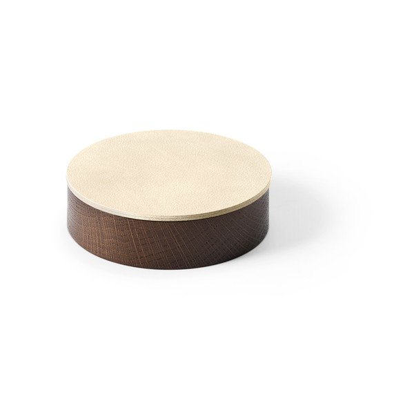 Brūna/krēmkrāsas dekoratīva koka/ekoloģiskās ādas uzglabāšanas kaste ar vāku ø 11x3,5 cm Circle Nupo – LIND DNA