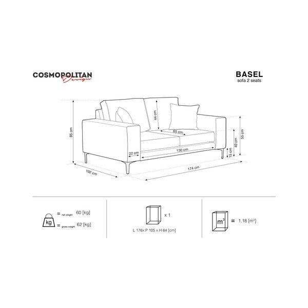 Cosmopolitan Design Basel pulverveida rozā dīvāns, 174 cm-image-1