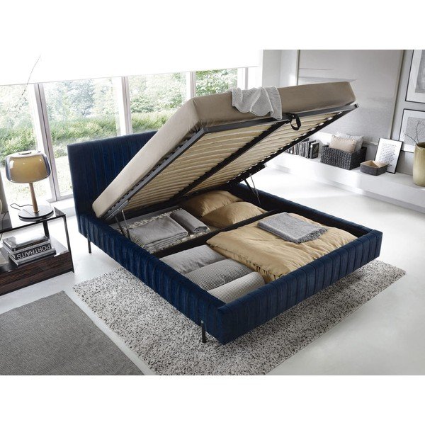 Tumši zila polsterēta divvietīga gulta ar veļas kasti un ar redelēm 180x200 cm Plissa – ELTAP-image-2