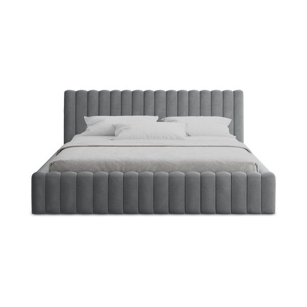 Pelēka polsterēta divvietīga gulta ar veļas kasti ar redelēm 140x200 cm Lemi – Makamii-image-4