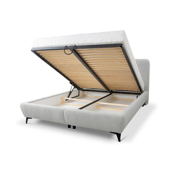 Gaiši pelēka polsterēta divvietīga gulta ar veļas kasti un redelēm 180x200 cm Makapu – Makamii-image-1