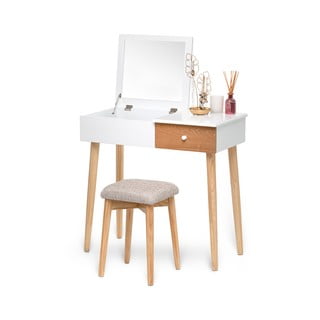 Balts tualetes galdiņš ar spoguli, rotaslietu kastīti un tabureti Chez Ro Beauty