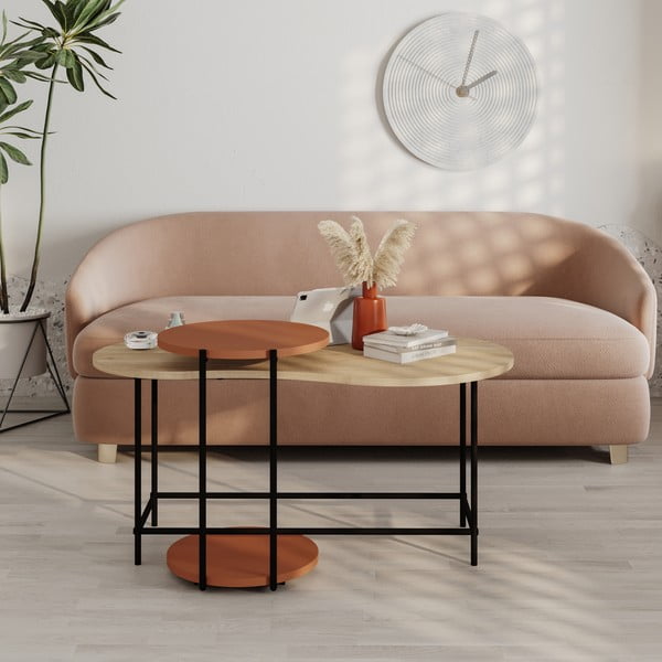 Ķieģeļu sarkani/dabīga toņa žurnālgaldiņi ar ozolkoka imitācijas galda virsmu (2 gab.) 65x103 cm Rosie – Marckeric-image-1