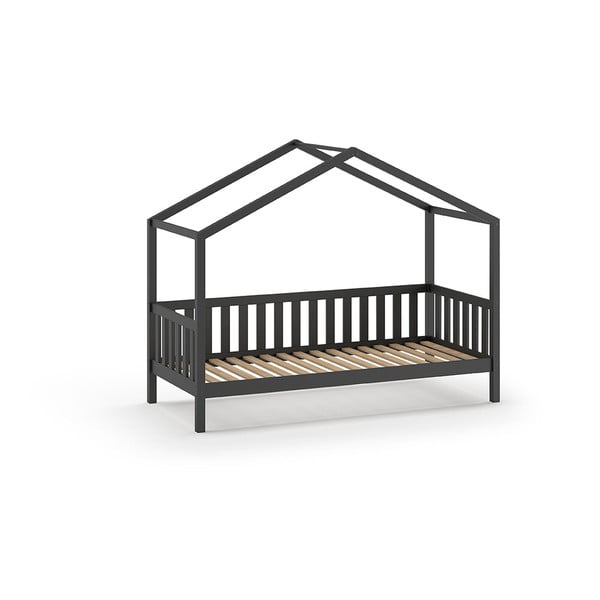 Antracīta pelēka priedes masīvkoka bērnu gulta mājas formā 90x200 cm DALLAS – Vipack