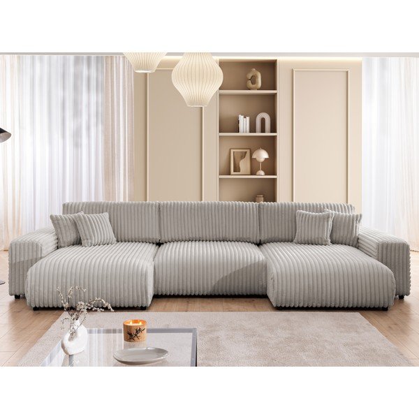 Gaiši pelēks velveta salokāms stūra dīvāns (U veida) ar uzglabāšanas vietu Sarina – Ropez-image-1