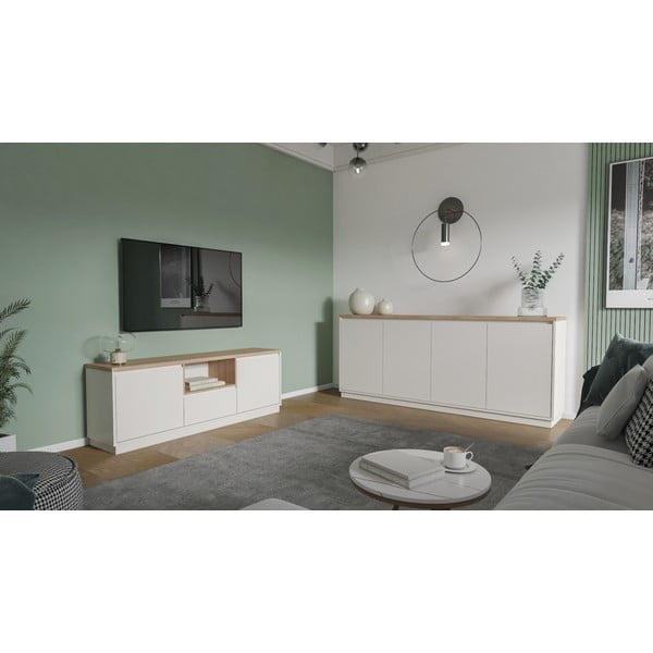 Bēšs TV galdiņš ar ozolkoka imitāciju 161x55x40 cm Loreta – Marckeric-image-2