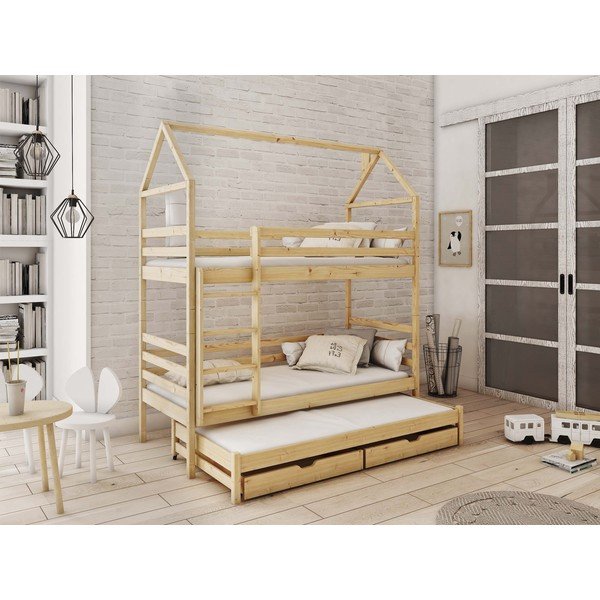 Divstāvu bērnu gulta no priedes koka ar jumtiņu un glabāšanas vietu 70x160 cm Dalia – Lano Meble-image-1