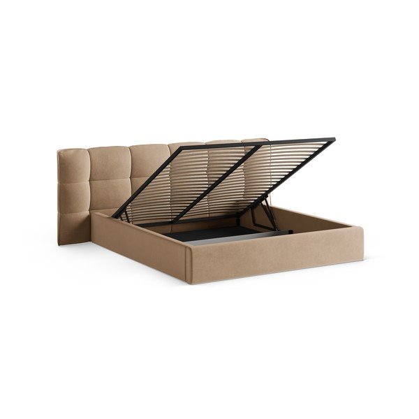 Pelēkbēša polsterēta divvietīga gulta ar veļas kasti un redelēm 160x200 cm Eric – Micadoni -image-2