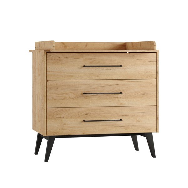 Dabīga toņa zema bērnu kumode ar dižskābarža koka imitāciju 100x92 cm Retro – Pinio-image-3