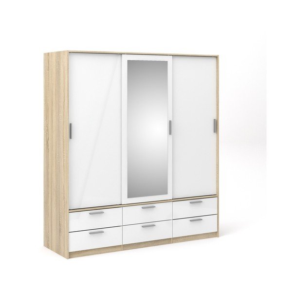 Balts/dabīga toņa drēbju skapis ar ozolkoka imitāciju ar bīdāmām durvīm 181x200 cm Line – Tvilum-image-2
