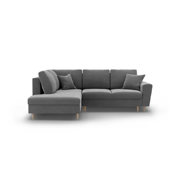 Gaiši pelēks samta salokāms stūra dīvāns ar uzglabāšanas vietu (ar kreiso stūri/L veida) Kyoto – Cosmopolitan Design