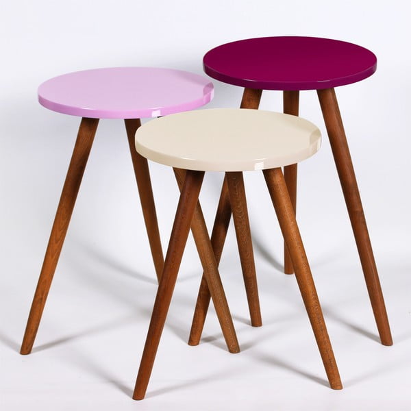 3 Kate Louise apaļo sānu galdiņu komplekts (krēma, rozā, tumši violeta)