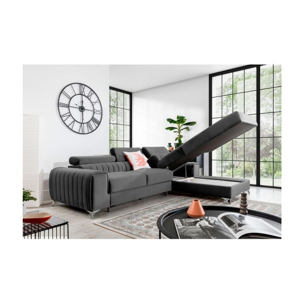 Tumši pelēks samta salokāms/ar uzglabāšanas vietu stūra dīvāns (ar labo stūri/ar zvilni) Grayson – ELTAP-image-3