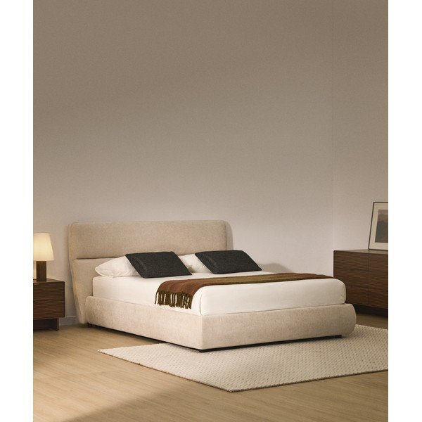 Bēša polsterēta divvietīga gulta no šenila ar veļas kasti ar redelēm 180x200 cm Dafra – Kave Home-image-1