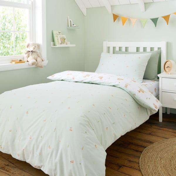 Balta/zaļa vienguļamā kokvilnas bērnu gultas veļa 135x200 cm Mini Moo Cow – Bianca-image-2