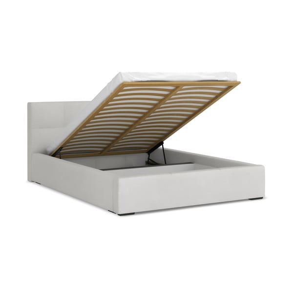 Gaiši pelēka samta polsterēta divvietīga gulta ar veļas kasti ar redelēm 140x200 cm Hiko – Makamii-image-1