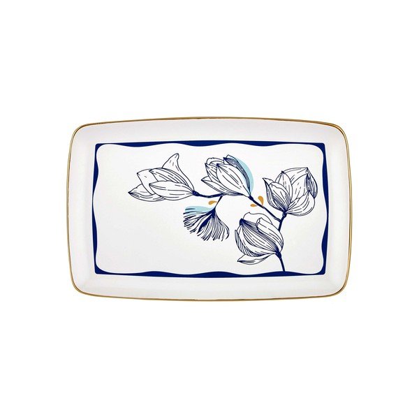 Balts porcelāna servēšanas šķīvis ar ziliem ziediem Mia Bleu, 34 x 25 cm-image-2