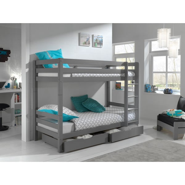 Pelēka priedes masīvkoka divstāvu bērnu gulta ar veļas kasti 90x200 cm PINO – Vipack-image-1