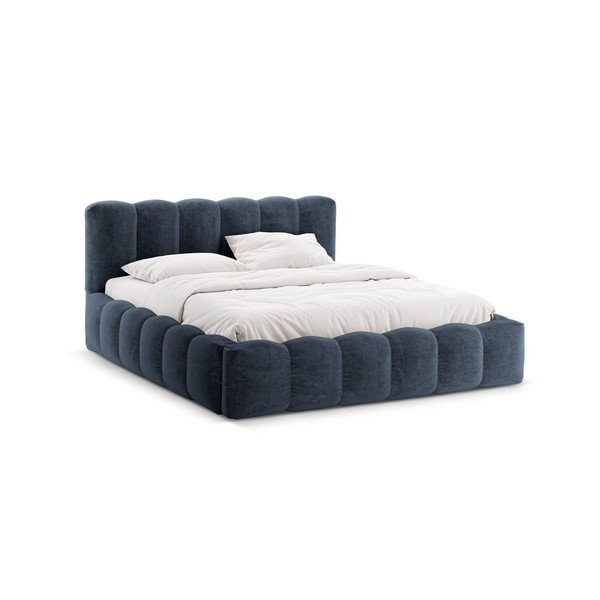 Tumši zila polsterēta divvietīga gulta ar veļas kasti ar redelēm 160x200 cm Lupine – Micadoni 