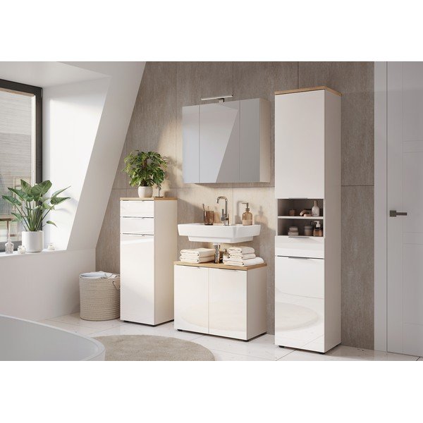 Krēmkrāsas spīdīgs augsts/šaurs vannas istabas skapis 39x190 cm Tavira – Germania-image-1