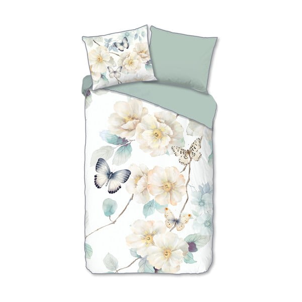 Balta/zaļa vienguļamā gultas veļa no kokvilnas satīna 140x220 cm Adiwanya – Descanso