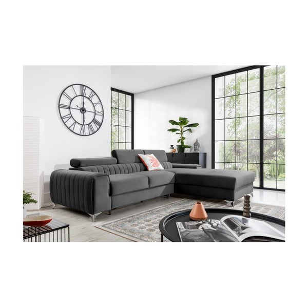 Tumši pelēks samta salokāms/ar uzglabāšanas vietu stūra dīvāns (ar labo stūri/ar zvilni) Grayson – ELTAP-image-1