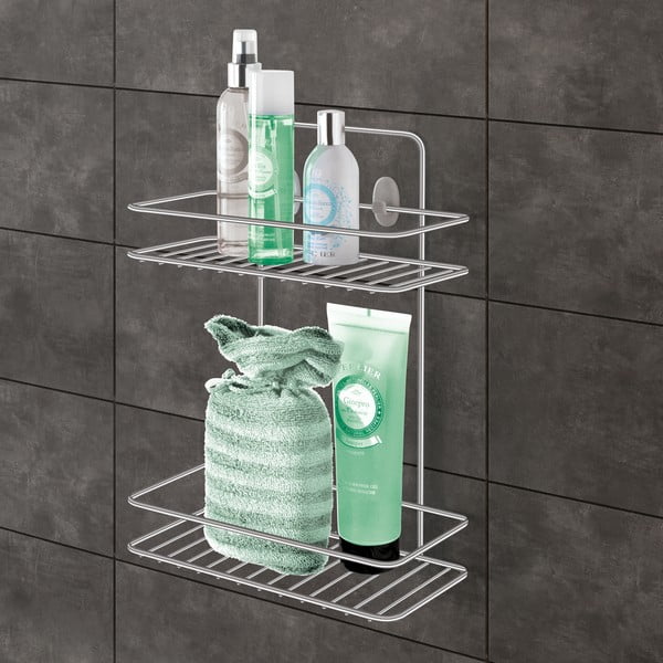 Spīdīgas sudraba krāsas tērauda piekarināms vannas istabas plaukts ar uzstādīšanu bez urbšanas Luxy – Metaltex-image-1